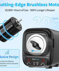 Ultra Quiet Rock Tumbler Kit With Brushless Motor Extra Large 3 Lb Barrel showing digital controls and motor lifespan benefits