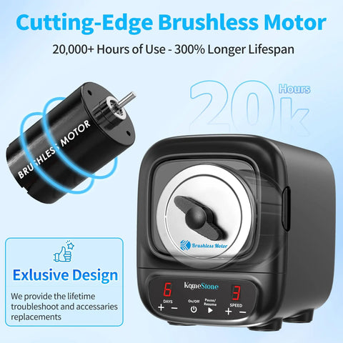 Ultra Quiet Rock Tumbler Kit With Brushless Motor Extra Large 3 Lb Barrel showing digital controls and motor lifespan benefits
