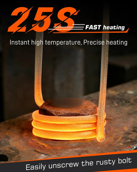 Induction Bolt Removal Kit With 1300W 110V Power, Handheld Induction Heater Tool heating a metal bolt with orange coil.