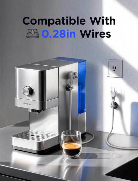 Stainless steel espresso machine with blue water tank on kitchen counter with glass of coffee and power cord compatible with 0.28in wires.