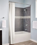 Chrome Shower Curtain Ring Set Pack Of 12 With Smooth Rolling Ball Bearings For Easy Glide No Snag Fits Most Shower Curtains And Rods Rust Resistant Durable Chrome Finish Great For Any Bathroom in a modern bathroom setting with white and gray decor.