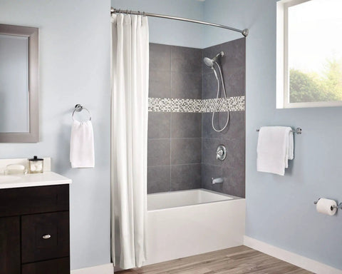 Chrome Shower Curtain Ring Set Pack Of 12 With Smooth Rolling Ball Bearings For Easy Glide No Snag Fits Most Shower Curtains And Rods Rust Resistant Durable Chrome Finish Great For Any Bathroom in a modern bathroom setting with white and gray decor.