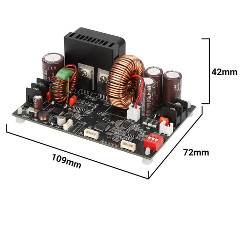 DC Buck Converter With Meter 6-70V In To 0-60V Out Up To 20A 1200W Step Down Power Supply, circuit board, dimensions labeled
