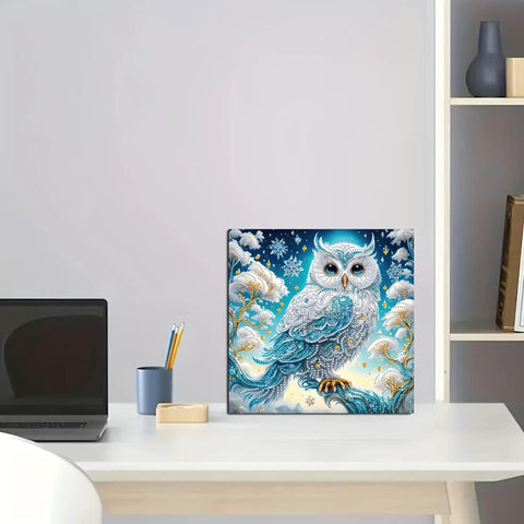 Beginner Friendly 5D Partial Diamond Painting Kit Owl Design With Special Shaped Crystals on desk, 12x12 inch