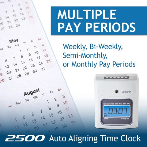Heavy Duty Small Business Time Clock Bundle With Ivory Shell And Auto Aligning Tech For Dead Simple Crew Attendance Tracking And Payroll Ready Six Column Cards with calendar and clock.