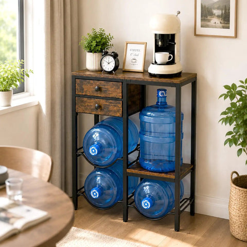 5 Gallon Water Jug Holder With 4 Slots Sturdy Water Dispenser Stand With Drawers And Wood Shelves Heavy Duty Water Bottle Storage Rack