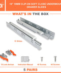 Package contents of 18 inch Under Mount Drawer Slide Three Quarter Inch Self Close, 10 slides, lock devices, screws, manual.