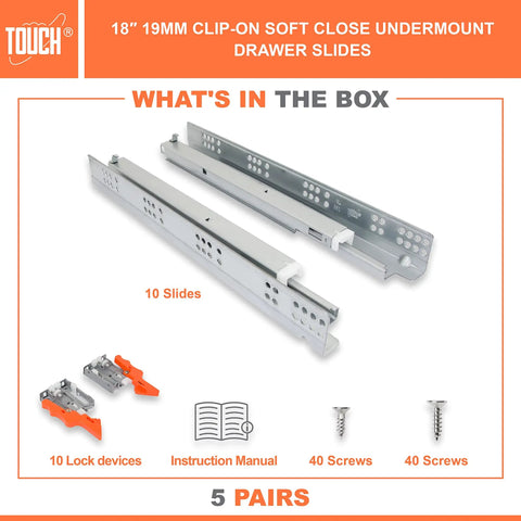 Package contents of 18 inch Under Mount Drawer Slide Three Quarter Inch Self Close, 10 slides, lock devices, screws, manual.