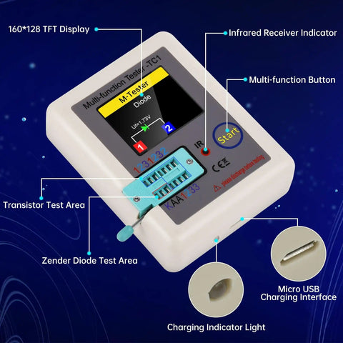 Ultimate LCR Meter And ESR Tester With Full Color TFT Display showing controls and indicators for electronics testing.
