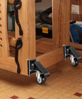Heavy Duty Workbench Casters Kit 900 Lbs Quick Release with two mounting options on wooden workbench