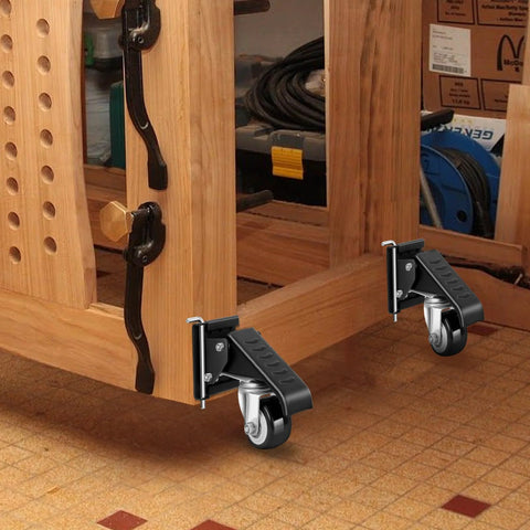 Heavy Duty Workbench Casters Kit 900 Lbs Quick Release with two mounting options on wooden workbench
