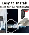 16 Piece M6 X 25mm Zinc Plated Petal Nuts Rock Solid Expansion Screw Jack Anchors For Thin Drywall Metal Frames And Hollow Walls showing installation with a heavy duty metal setting tool.