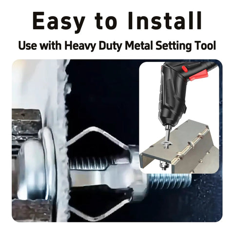 16 Piece M6 X 25mm Zinc Plated Petal Nuts Rock Solid Expansion Screw Jack Anchors For Thin Drywall Metal Frames And Hollow Walls showing installation with a heavy duty metal setting tool.