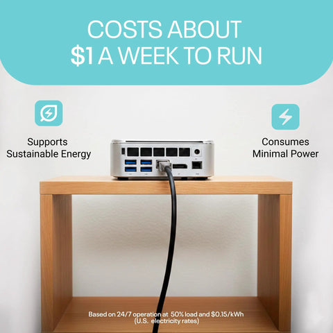 Premium Compact Mini Computer System Featuring Snappy Intel Core Chipset displayed on wooden shelf, showcasing energy efficiency features.