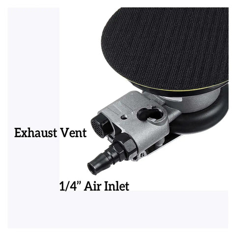 Close-up of exhaust vent and 1/4 inch air inlet on Portable 5 Inch Random Orbital Air Sander Polisher With 10000 RPM Low Noise Ergonomic Grip