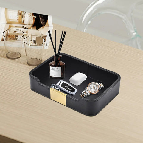 Lux Leather Valet Tray Desk Organizer And Nightstand Catchall Caddy on table with watch, key fob, and diffuser, water-resistant.