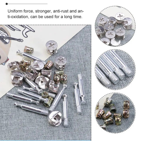 Pro Grade Cam Lock Fittings Set 24 Piece Silver Hardware Kit with dowels, screws, and connectors for cabinet assembly