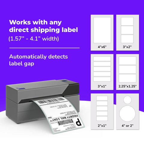 No Sweat Usb Shipping Label Printer Commercial Grade 4x6 Thermal showing various label sizes and automatic detection feature.