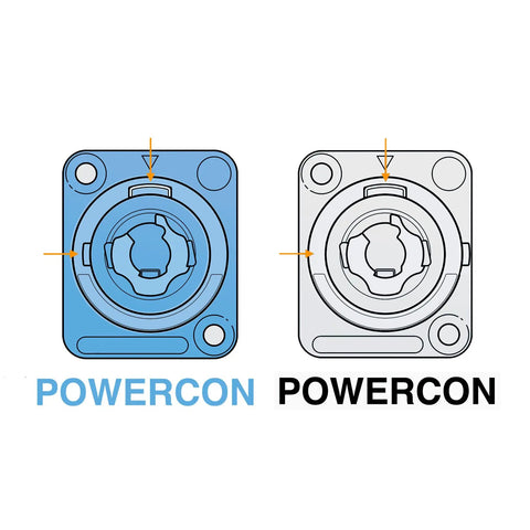 Powercon locking connectors shown in blue and gray, highlighting design details for 3 Foot Powercon Locking Power Extension Cable Male To Female 14 Awg 16 Amp Heavy Duty Ip65 Splash Resistant Lay Flat Black Cord For Gig Day Setup And Rigging.