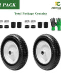 Flat Free 14.5 Inch Wheelbarrow Tire And Wheel Set 3.50-8 Replacement For Garden Carts And Wheelbarrows Universal 5/8 Inch Axle Bore 3 Inch Centered Hub 2 Pack product image showing two black and white tires, gloves, and components as part of a total package.