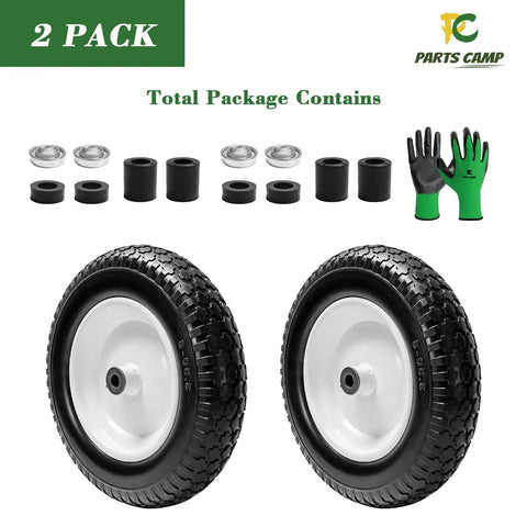 Flat Free 14.5 Inch Wheelbarrow Tire And Wheel Set 3.50-8 Replacement For Garden Carts And Wheelbarrows Universal 5/8 Inch Axle Bore 3 Inch Centered Hub 2 Pack product image showing two black and white tires, gloves, and components as part of a total package.