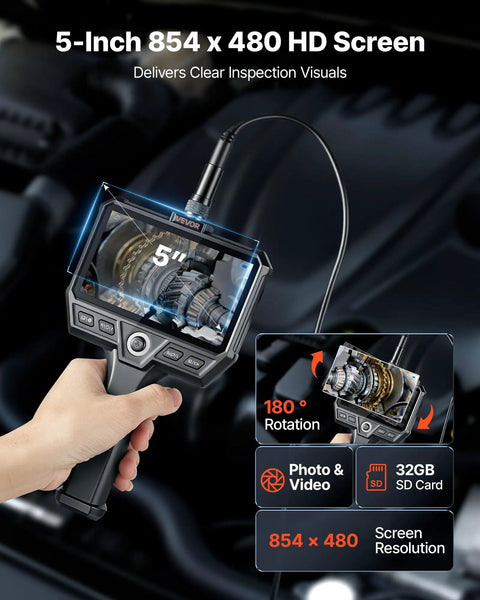 Triple Lens Endoscope With Ultra Rigid Thirty Two Point Eight Feet Cable Industrial Borescope With Light Five Inch IPS Screen IP67 Waterproof LED Lights Eight X Zoom Pro Grade Build Snake Camera For Auto And Plumbing, hand-held 5-inch HD screen