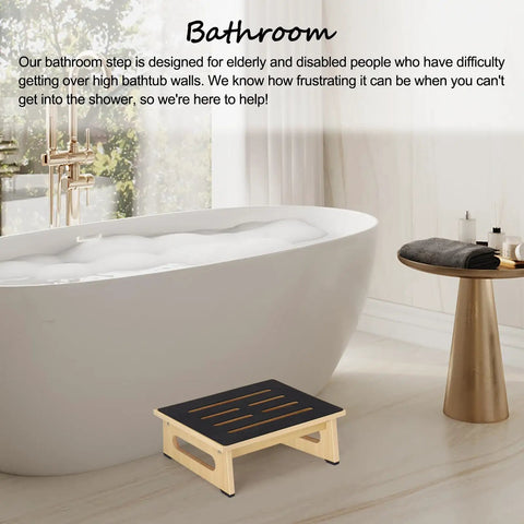 Sturdy Wooden Step Stool For Adults And Seniors With Non Slip Rubber Tread, 5.5 Inch Rise, 450 Lbs Capacity in bathroom near tub