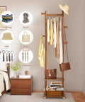 Freestanding Walnut Wood Coat Rack With Wheels, 5 Heavy Duty Hooks, 2 Shelves And Stable Base in bedroom corner