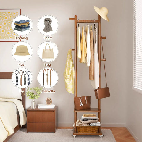 Freestanding Walnut Wood Coat Rack With Wheels, 5 Heavy Duty Hooks, 2 Shelves And Stable Base in bedroom corner