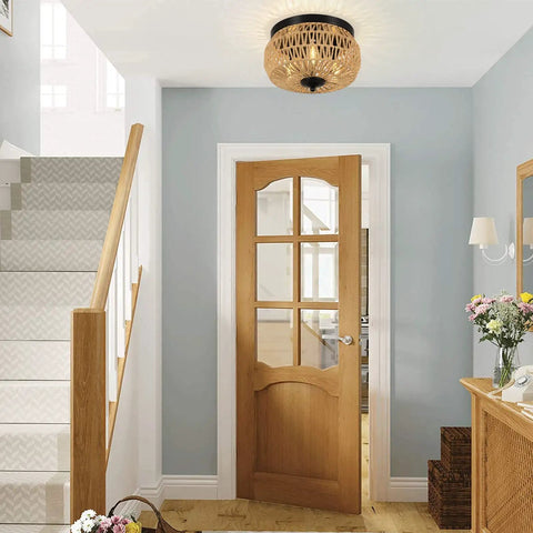 Three Light Woven Rattan Flush Mount Ceiling Light Fixture With Handwoven Cage Shade For Bedroom Kitchen Foyer Porch