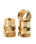 Brass Heat Insert Nuts Kit M2 To M8 Set With Double Twill Knurled Threads, Includes M6x9mm 10pcs, Durable Quick Install Fasteners For 3D Printing, DIY Projects, Electronics Enclosures, And Hobby Builds. Brass threaded inserts shown from two angles