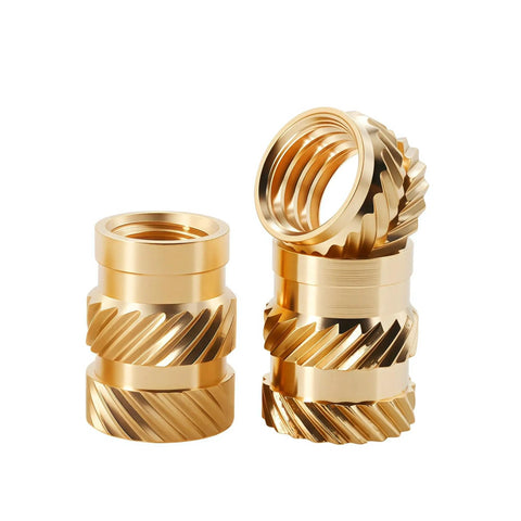 Brass Heat Insert Nuts Kit M2 To M8 Set With Double Twill Knurled Threads, Includes M6x9mm 10pcs, Durable Quick Install Fasteners For 3D Printing, DIY Projects, Electronics Enclosures, And Hobby Builds. Brass threaded inserts shown from two angles