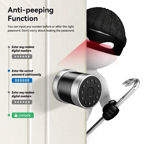 Anti-peeping feature of 5 In 1 No Fuss Keyless Entry Smart Lock With Fingerprint Bluetooth TTLock App IC Card And Backup Key For Front Door Airbnb Friendly Digital Door Knob Lock With App Unlock And Secure Access shown with keypad and intruder illustration.