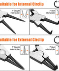 Diagram of 7 Inch Snap Ring Pliers Set With 3 64th Inch Tip Internal And External Circlip Pliers Kit showing straight and bent jaws