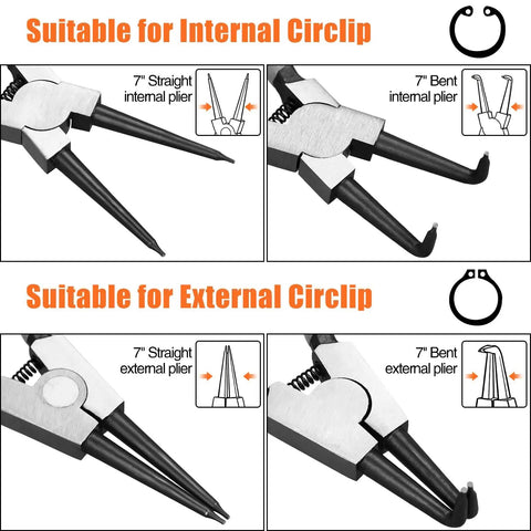 Diagram of 7 Inch Snap Ring Pliers Set With 3 64th Inch Tip Internal And External Circlip Pliers Kit showing straight and bent jaws