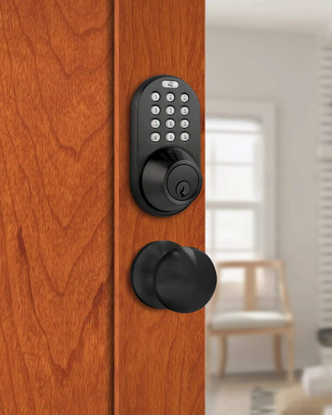 Electronic Touchpad Keyless Deadbolt and Passage Knob Combo In Oil Rubbed Bronze Finish on wooden door