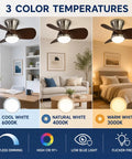 MADISH Walnut 21.7 Inch Flush Mount Ceiling Fan with Lights and Remote showing 3-color temperature options in living room and bedroom settings.