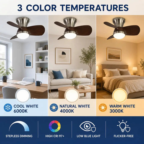 MADISH Walnut 21.7 Inch Flush Mount Ceiling Fan with Lights and Remote showing 3-color temperature options in living room and bedroom settings.