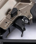 Close-up of Pro Grade 15 Gauge Finish Nailer Pneumatic With 34 Degree Angled Drive trigger in heavy duty aluminum body