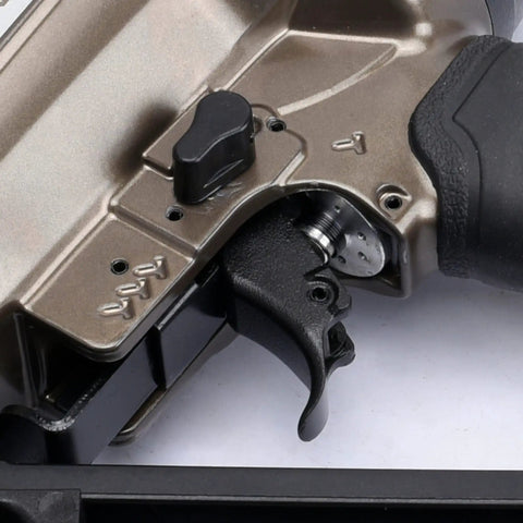 Close-up of Pro Grade 15 Gauge Finish Nailer Pneumatic With 34 Degree Angled Drive trigger in heavy duty aluminum body
