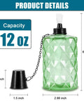 Outdoor Table Top Torch Set With 12 Oz Refill Canisters And Wicks Green Patio Torches For Luau Parties And Garden Decor DIY Backyard Lighting Includes Covers 4 Pack For A Lit Backyard Nighttime Vibe, showing dimensions and capacity of a green glass torch