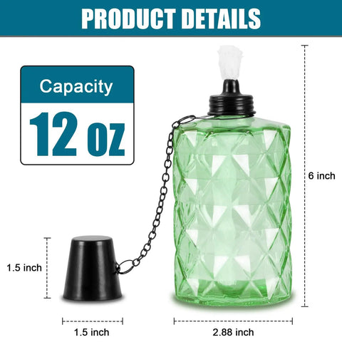 Outdoor Table Top Torch Set With 12 Oz Refill Canisters And Wicks Green Patio Torches For Luau Parties And Garden Decor DIY Backyard Lighting Includes Covers 4 Pack For A Lit Backyard Nighttime Vibe, showing dimensions and capacity of a green glass torch