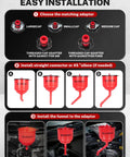Premium Coolant Funnel Kit With Integrated Vacuum Bleed Tank for easy installation and adapter selection with red funnel and connectors.