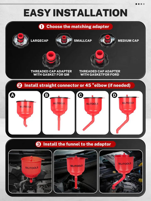 Premium Coolant Funnel Kit With Integrated Vacuum Bleed Tank for easy installation and adapter selection with red funnel and connectors.