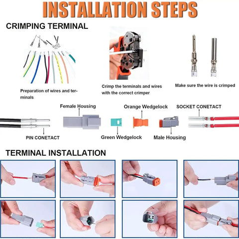 Deutsch Connector Kit 204 Piece Set With DT 2 3 4 6 8 12 Pin Plugs And 70 Pairs Size 16 Stamped Contacts IP67 Waterproof Electrical Wire Connectors