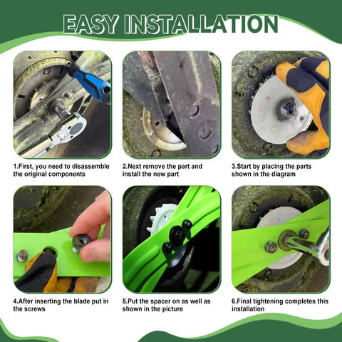 Installation steps for Beefed Up Replacement Hardware Kit for 21 Inch Dual Blade Lawn Mower includes fan and bolts