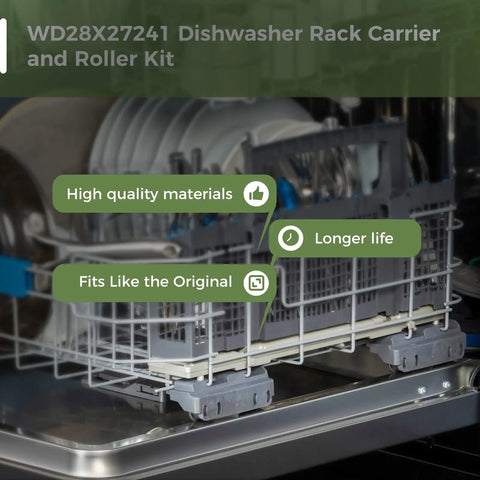 Dishwasher Lower Rack Carrier and Roller Kit Replacement for Left and Right Sides Fits WD12X Series installed in dishwasher.