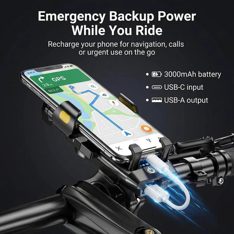4 In 1 All In One Bike Phone Mount With LED Headlight And 130dB Horn, 3000mAh USB Backup Charger And Secure Handlebar Phone Holder For Road, Mountain And E Bikes, Night Ride Safety And Easy Install