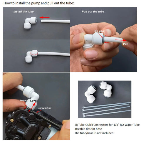 Instructions for installing 12V Self Priming Diaphragm Water Pump connectors and cable ties. No tube or hose included.