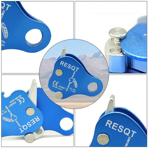 Close-up of Rock Climbing Rope Grab And Belay Device For Mountaineering And Rescue, Pro Grade Lightweight Magnesium Alloy Ascender